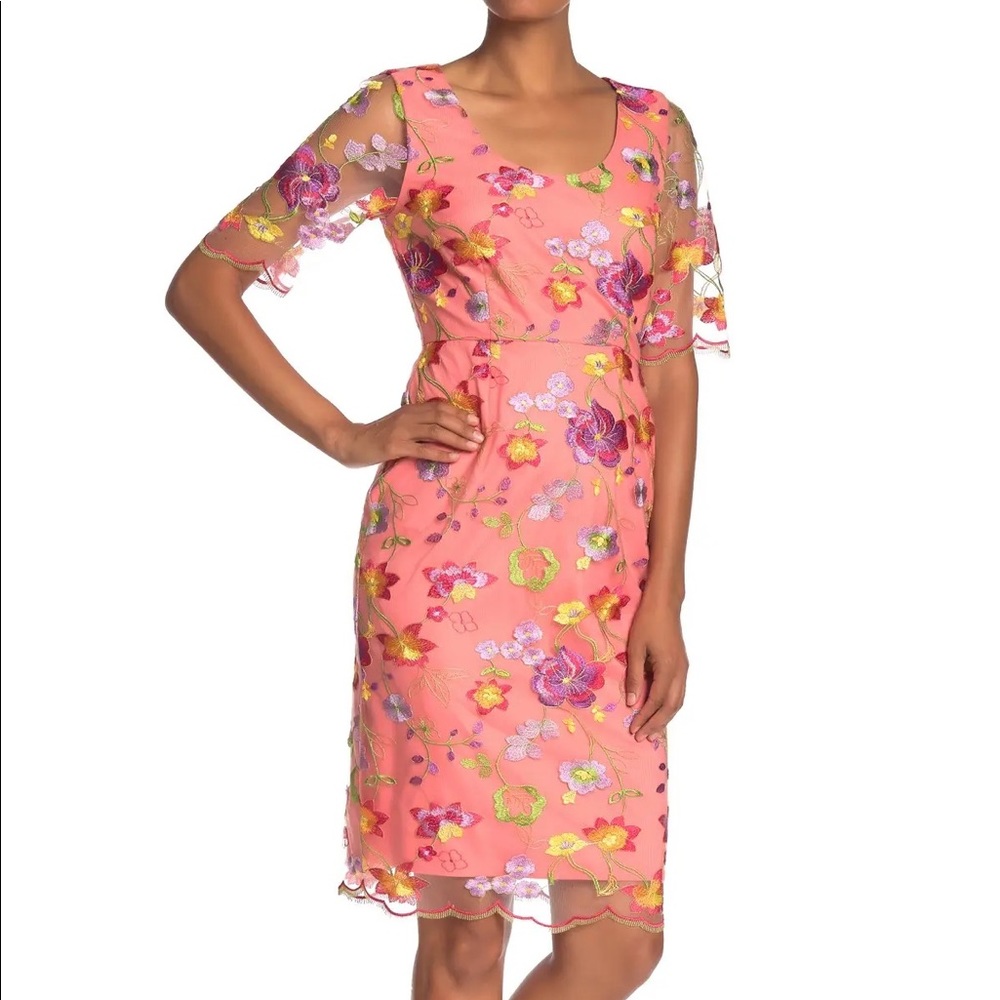Trina Trina Turk Romance Floral Embroidered Sheath Dress in Coral Multi Size 2